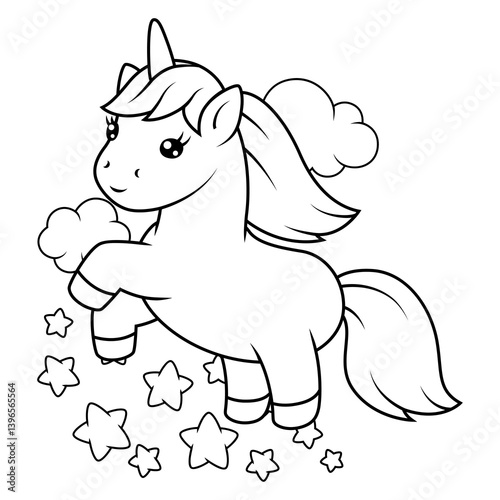 Print with unicorn. Happy birthday party design.