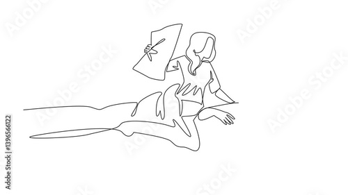 Animation of single one line drawing wife holding pillow to smother husband. Disturbing the comfort of resting. A loved one Stop Snoring Week. Continuous line self drawing animated. Full length motion