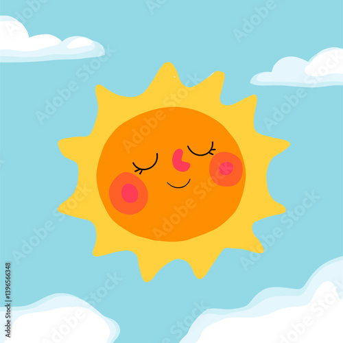 Stylized Smiling Sun with Rosy Cheeks and Clouds.