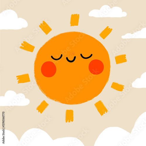 Whimsical Sun Face with Closed Eyes and Clouds, Cartoon Style Illustration