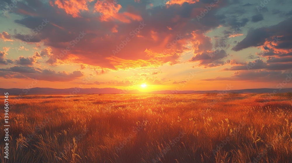 Fototapeta premium A breathtaking sunset casts warm hues over a field, illuminating the grass and creating a tranquil atmosphere.