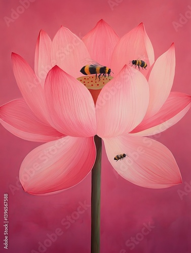 Pink lotus flower with insects on petals against a pink background.