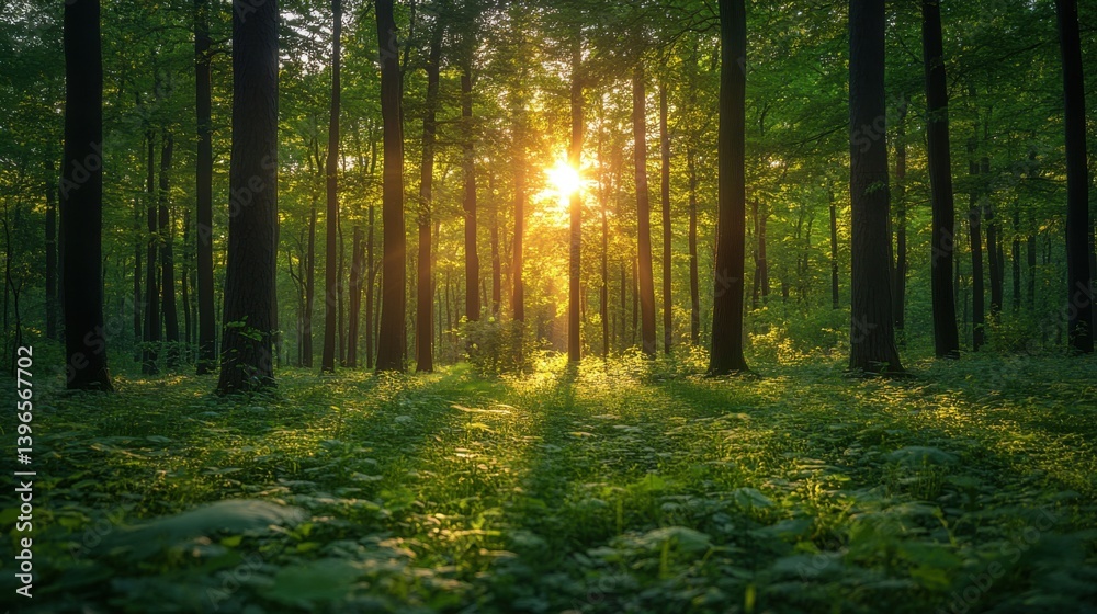Fototapeta premium A serene forest scene with sun rays filtering through tall trees, creating a tranquil atmosphere and highlighting lush greenery on the forest floor.