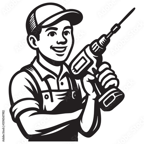 Young Repairman Holding Drill with a Smile