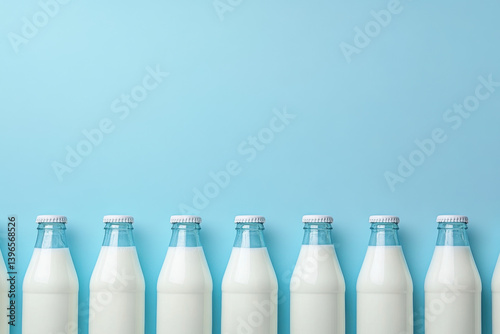 Row of milk bottles on wooden shelf in dimly lit rustic pantry, with sunlight filtering through small window, casting soft shadows.