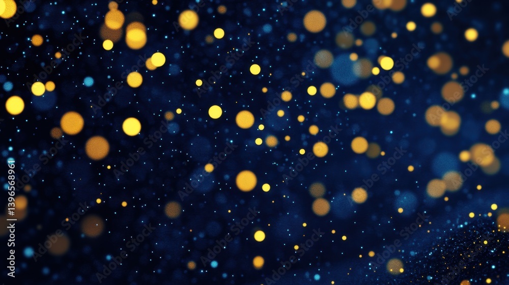 Golden particles and bokeh lights drift across a dark blue background, creating a magical, sparkling effect