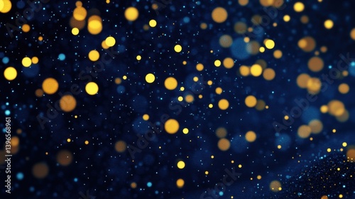 Obraz na płótnie Golden particles and bokeh lights drift across a dark blue background, creating a magical, sparkling effect w salonie