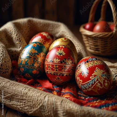Colorful Khokhloma-style Easter eggs in authentic ethnic setting