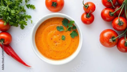 Creamy gazpacho in a white bowl, topped with fresh herbs Top view, white background, cold soup, white bowl