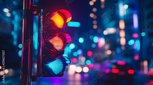 Urban Glow: A captivating shot of a traffic light illuminating a vibrant cityscape, with the night sky ablaze in a cascade of neon hues. The urban scenery captures the pulsing heart of city life.