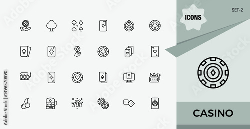Casino icon set. Includes line symbols bet, gambling, gamble, poker, card and more. Minimalist linear icons. Bet simple icon. Vector stroke. Set-2