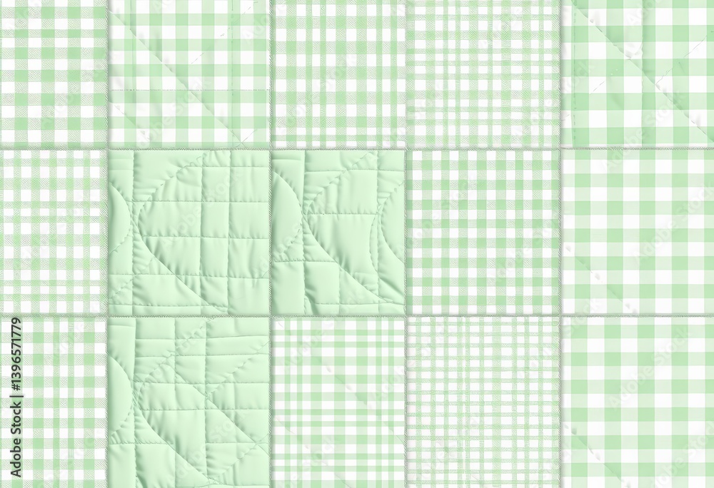 Mint green patchwork quilt with gingham, grid, and vichy check patterns Pastel green and white seamless vector design, pattern, summer Mint green patchwork quilt with gingham, grid, and vichy check patterns Pastel green and white seamless vector design, pattern, summer