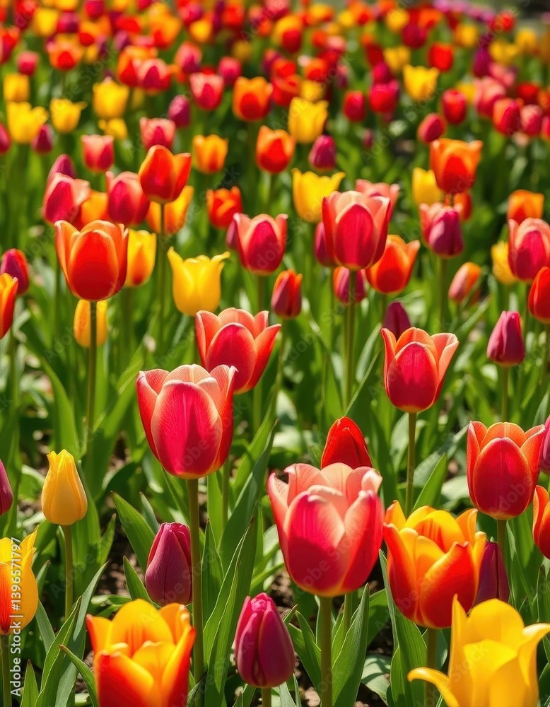 Vibrant tulips in a sun-drenched meadow, showcasing a rainbow of colors, blossom, sunny meadow, natural scenery Vibrant tulips in a sun-drenched meadow, showcasing a rainbow of colors, blossom, sunny meadow, natural scenery