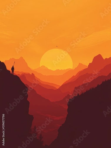 Silhouette of a person on a mountain overlooking a valley at sunset.