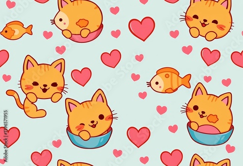 Wallpaper Mural Cute cartoon cat, fish, bowls, hearts seamless pattern, style, kitten Torontodigital.ca