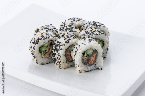Sushi set and composition at white background. Japanese food restaurant, sushi maki gunkan roll plate or platter set.