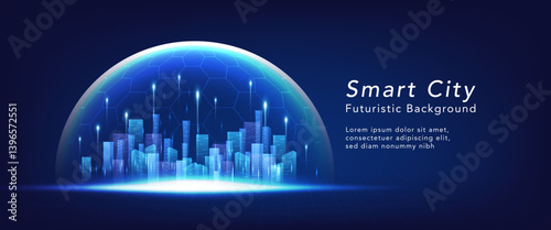 Smart city on blue background. Smart city low poly wireframe on blue background. Technology concept. Vector illustration.