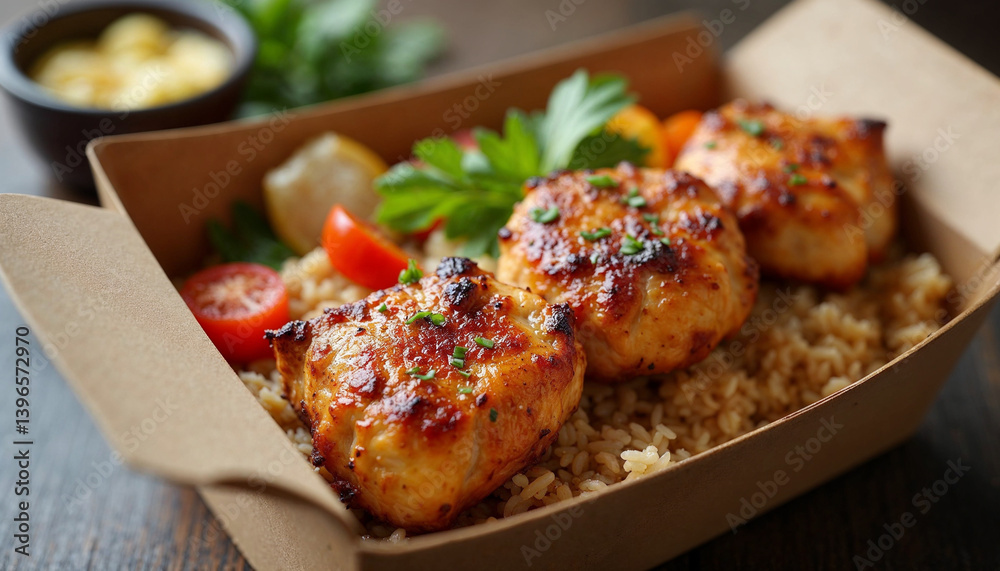 Grilled chicken skewers with rice and vegetables served in a takeaway box Grilled chicken skewers with rice and vegetables served in a takeaway box
