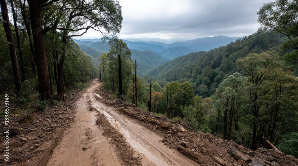 Fototapeta premium muddy trail winds through dense forest with mountains in distance