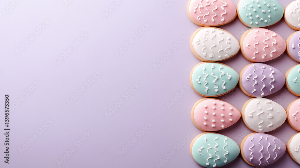 Elegant Easter egg sugar cookies decorated with royal icing in pastel colors and delicate wave patterns arranged on light purple background with space for text Elegant Easter egg sugar cookies decorated with royal icing in pastel colors and delicate wave patterns arranged on light purple background with space for text