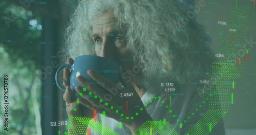 Elderly person drinking coffee with financial data processing animation overlay