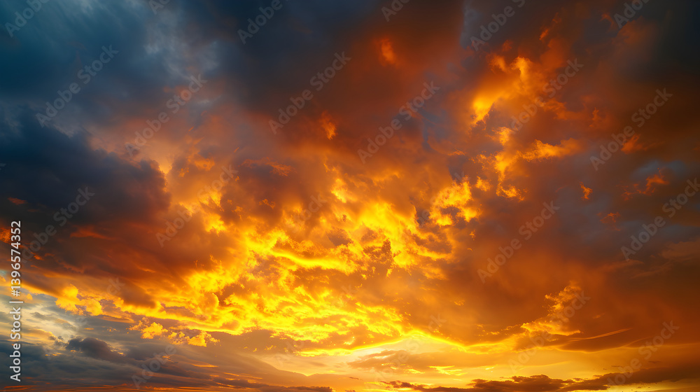 Fototapeta premium The sky is filled with orange clouds and the sun is setting