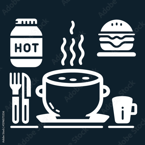 Food and drinks with hot soup and burger on a dark background  