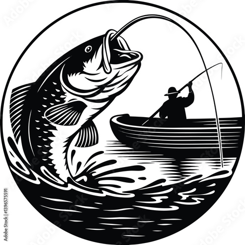 Fisherman Catching Big Catfish in Black and White Style