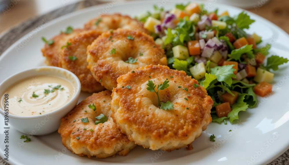 Crispy breaded shrimp patties with chopped parsley garnish served with mixed vegetable salad and creamy dipping sauce in small white bowl on ceramic plate Crispy breaded shrimp patties with chopped parsley garnish served with mixed vegetable salad and creamy dipping sauce in small white bowl on ceramic plate