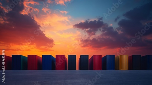 Shipping containers at sunset colorful cargo container depot intermodal freight transport logistics terminal