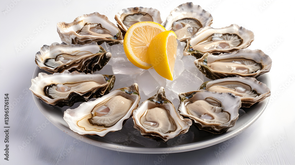 A plate of oysters with a lemon wedge on top A plate of oysters with a lemon wedge on top