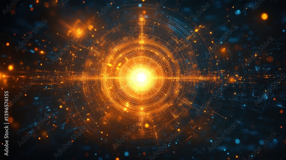 Fototapeta premium A vibrant digital illustration of a glowing orb surrounded by intricate circular patterns and luminous particles, evoking a sense of energy and dynamism.