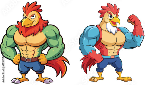 Cartoon rooster and hen characters on a farm with cute animals and bright feathers