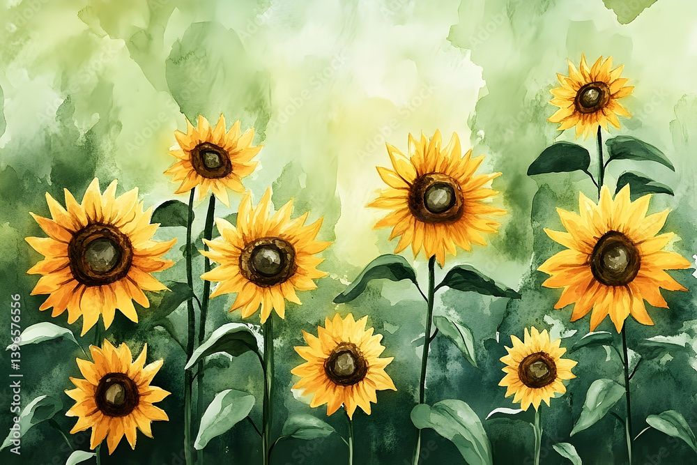 Fototapeta premium Watercolor painting of sunflowers in a lush green field.