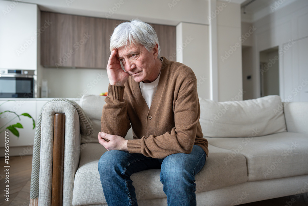 Lonely senior man clutches aching head while sitting isolated on living room sofa. Sad scared old male with advanced depression, cognitive decline, chronic pain, social abandonment, geriatric despair Lonely senior man clutches aching head while sitting isolated on living room sofa. Sad scared old male with advanced depression, cognitive decline, chronic pain, social abandonment, geriatric despair