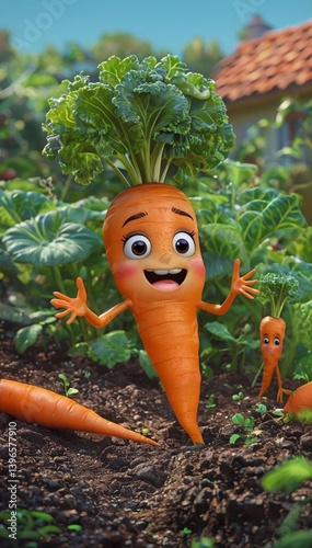 Happy carrot: a detailed 3D illustration of a smiling carrot with arms and eyes, growing in a garden among other carrots.