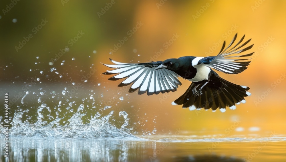 Fototapeta premium Magpie in Flight Over Water: A Stunning Display of Nature's Beauty