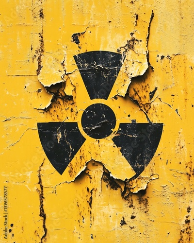 A close-up of a weathered radioactive symbol on a distressed yellow background, illustrating environmental concerns.