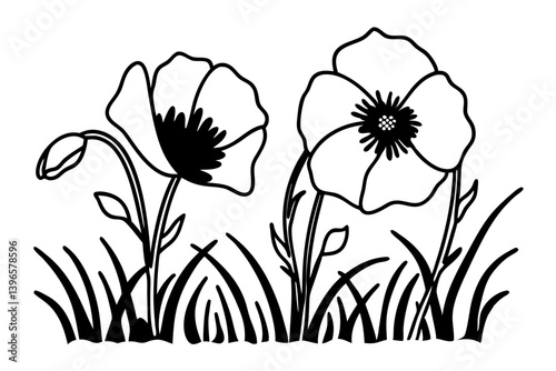 Poppy flowers in continuous line art drawing style. Doodle floral border with two flowers blooming among grass. Minimalist black linear design isolated on white background. Vector illustration