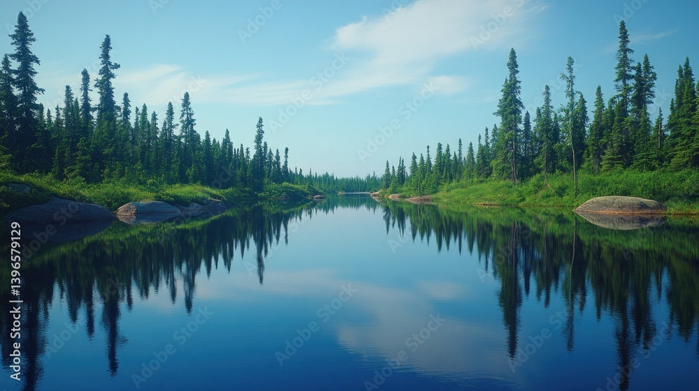 Fototapeta premium Serene boreal forest river reflection tranquil morning