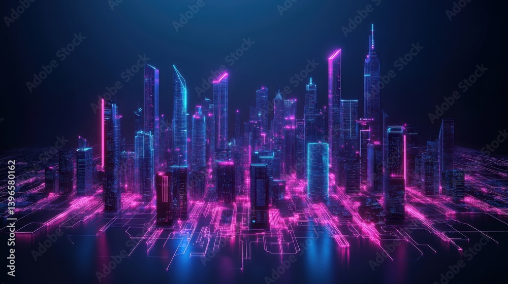 A vibrant digital cityscape illuminated with neon pink and blue lights, showcasing futuristic skyscrapers and a network of glowing lines. A vibrant digital cityscape illuminated with neon pink and blue lights, showcasing futuristic skyscrapers and a network of glowing lines.