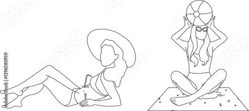 silhouette vector illustration sketch design of fashion woman wearing bikini relaxing on the beach