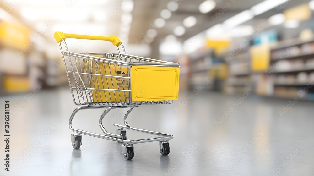 Empty Shopping Cart in Retail Store Aisle with Soft Focus Background Empty Shopping Cart in Retail Store Aisle with Soft Focus Background