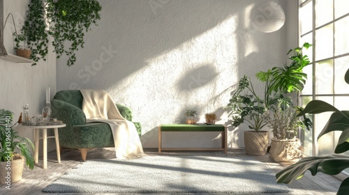 Sunlit, plant-filled interior with a cozy green armchair and textured white walls. A serene and inviting space