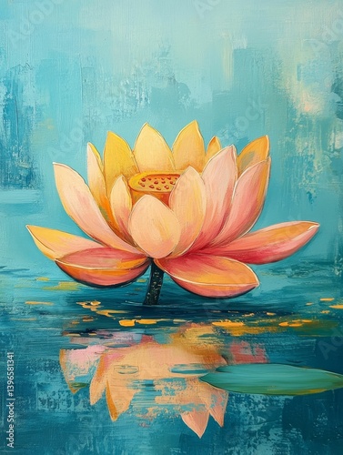 Lotus flower painting with orange petals reflected in blue water.