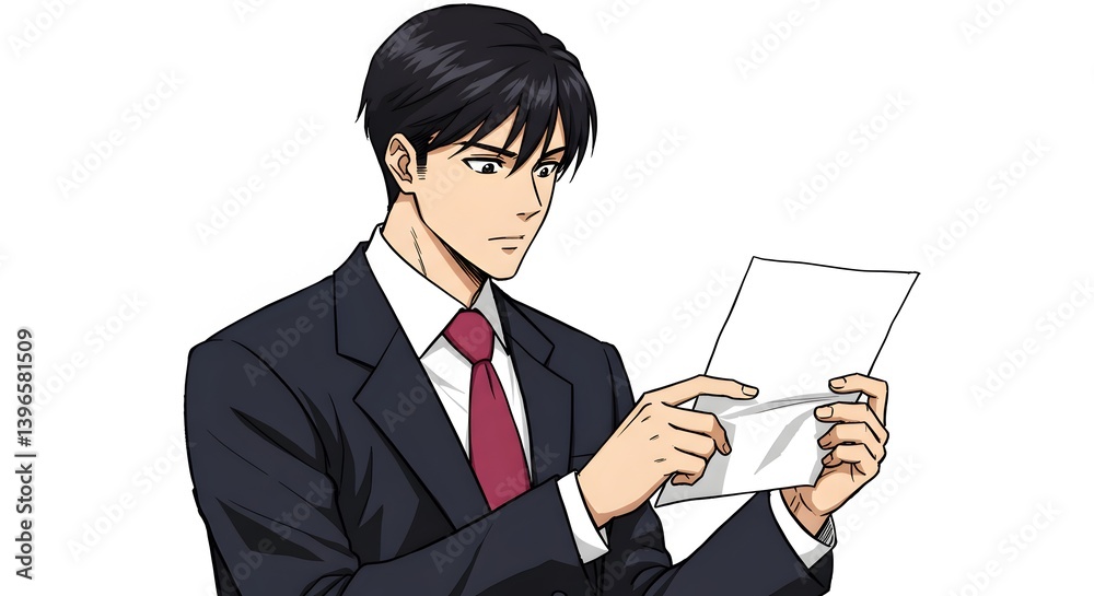 Manga styled executive examining a crucial document with focused attention Manga styled executive examining a crucial document with focused attention