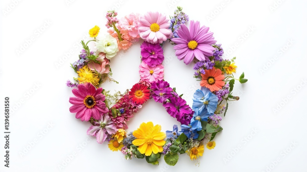 A bouquet of colorful flowers arranged in the shape of a peace sign, symbolizing harmony and beauty. Soft lighting highlighting the colors. Isolated on a white background A bouquet of colorful flowers arranged in the shape of a peace sign, symbolizing harmony and beauty. Soft lighting highlighting the colors. Isolated on a white background