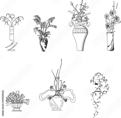 Vector silhouette design illustration sketch of ornamental plants in pots for interior decoration of rooms