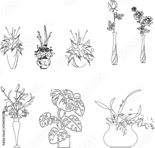 Vector silhouette design illustration sketch of ornamental plants in pots for interior decoration of rooms