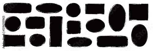 Brush paint frame rough round, stamp shape set. Brush stroke frame rough grunge square, oval paint shape element. Hand drawn texture grunge rectangle, circle round text border. Vector illustration